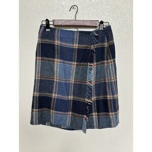VTG Liz Claiborne wool plaid skirt blue fringe 10 classic preppy modest 90s wrap